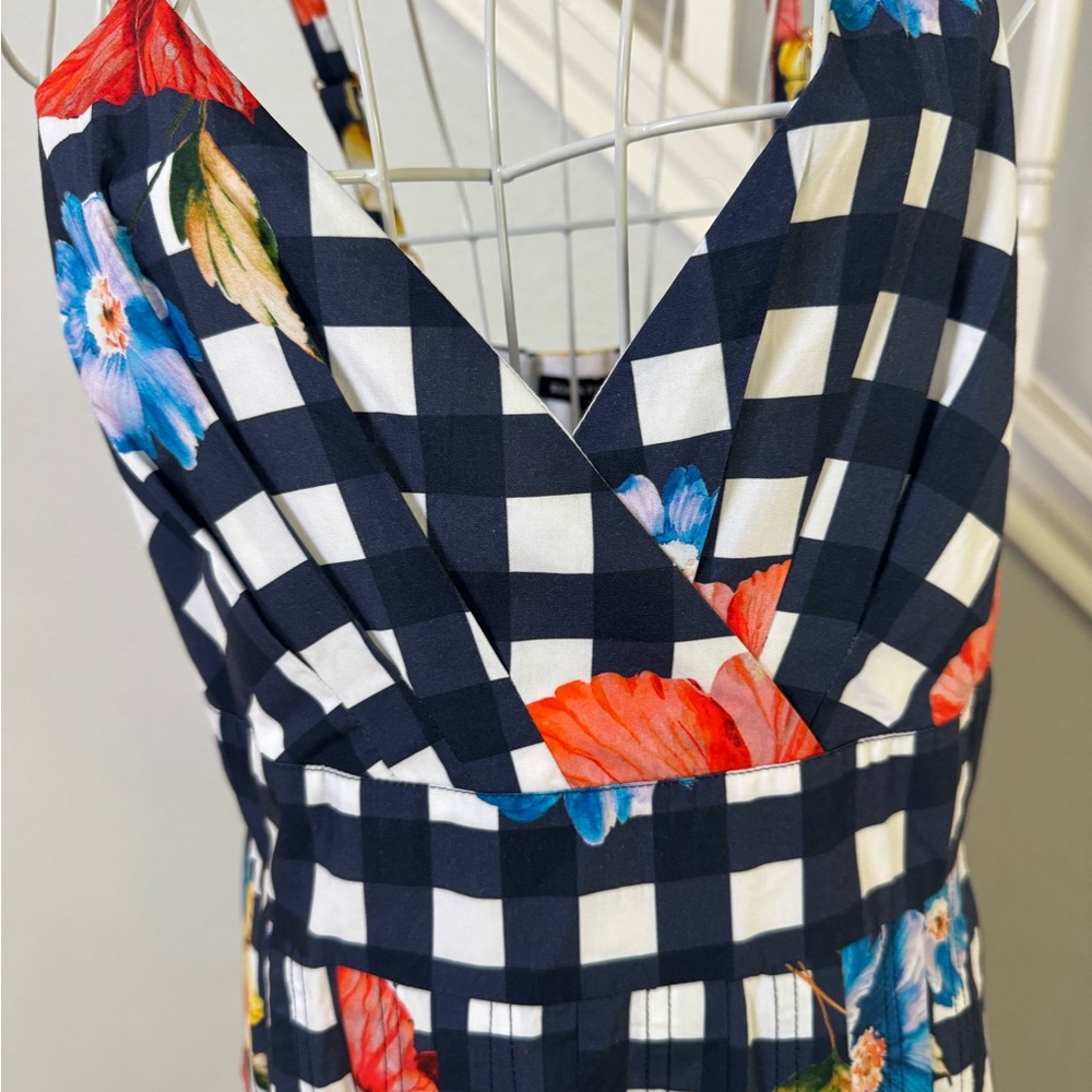 Boston Proper Navy Gingham Floral Midi Dress Sz 12 - Picture 6 of 11